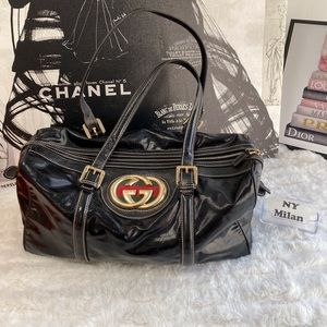 Gucci Britt Boston Bag Deluxe Medium Black Shiny Coated Twill & Satchel